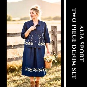 Alia Sport 2pc Denim Jacket and Skirt Set with Embroidery